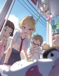  2boys 2girls backpack bag black-framed_eyewear blonde_hair blue_sky blurry blurry_foreground bracelet brown_eyes brown_hair cloud collared_shirt crane_game english_commentary fang finger_to_own_chin from_below glasses high_ponytail highres jewelry long_hair multiple_boys multiple_girls open_mouth original pleated_skirt power_lines red_necktieo seuhyo99 shirt shirt_tucked_in short_hair short_sleeves skirt sky smile stuffed_animal stuffed_toy t-shirt tree utility_pole watch white_shirt 