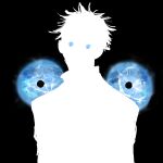  1boy absurdres black_background blue_eyes faceless faceless_male glowing glowing_eyes gojou_satoru highres horror_(theme) jujutsu_kaisen looking_at_viewer male_focus no_mouth no_nose silhouette simple_background solo spiked_hair suru_(ekxbe9) upper_body zoom_layer 