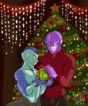  alien alternative_fashion athletic bald blue_body bow_ribbon box christmas christmas_lights christmas_tree clothing container dragon_ball dragon_ball_super duo frieza_race frost_(dragon_ball) gift gift_box hi_res hit_(dragon_ball) holidays humanoid lights looking_at_another looking_at_partner male male/male nails ornament plant purple_body red_eyes romantic romantic_couple sailorfrix size_difference smile standing sweater topwear tree turtleneck 