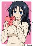 1girl bangs black_hair blue_eyes blush box closed_mouth commentary eyebrows_visible_through_hair flying_sweatdrops freckles gift gift_box girls_und_panzer heart heart-shaped_box holding holding_gift izumi_(izumi_p) long_hair looking_at_viewer outside_border pink_background ribbed_sweater rounded_corners smile solo sweater twitter_username upper_body valentine white_sweater yamagou_ayumi 