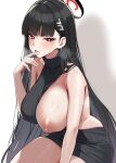  1girl absurdres bare_arms bare_shoulders black_hair black_sweater blue_archive blunt_bangs blush breasts bright_pupils hair_ornament halo hand_up highres large_breasts long_hair looking_at_viewer meme_attire nipples one_breast_out onedoo open_mouth red_eyes rio_(blue_archive) sleeveless solo sweater thighs turtleneck turtleneck_sweater virgin_killer_sweater white_pupils 
