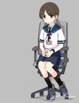  1girl black_socks blue_sailor_collar blue_skirt blush brown_eyes brown_hair chair closed_mouth commentary_request dated full_body grey_background highres kantai_collection kneehighs looking_at_viewer low_twintails office_chair pleated_skirt sailor_collar school_uniform serafuku shikishima_fugen shirayuki_(kancolle) shoes simple_background sitting skirt sneakers socks solo swivel_chair twintails twitter_username watch wristwatch 