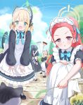  4girls absurdly_long_hair animal animal_ear_headphones animal_ears apron aris_(blue_archive) aris_(maid)_(blue_archive) black_dress black_footwear black_hair blonde_hair blue_archive blush cat day dress fake_animal_ears frilled_apron frilled_dress frills game_development_department_(blue_archive) green_eyes green_halo halo headphones highres long_hair maid maid_apron maid_headdress midori_(blue_archive) midori_(maid)_(blue_archive) mikumiku37 momoi_(blue_archive) momoi_(maid)_(blue_archive) multiple_girls official_alternate_costume open_mouth orange_halo outdoors pantyhose pink_halo ponytail puffy_short_sleeves puffy_sleeves purple_eyes red_eyes red_hair shoes short_hair short_sleeves siblings sisters smile twins very_long_hair white_apron white_pantyhose yuzu_(blue_archive) yuzu_(maid)_(blue_archive) 