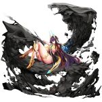  1girl :&gt; bangs breasts covered_nipples echidna_(last_origin) faux_figurine full_body game_cg hair_between_eyes highres huge_breasts last_origin looking_at_viewer multicolored_hair official_art purple_hair red_hair rock snowball22 solo thick_thighs thighs transparent_background yellow_eyes 