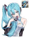  1girl absurdres alternate_hairstyle aqua_eyes aqua_hair aqua_nails black_sleeves collared_shirt commentary derivative_work detached_sleeves grey_shirt hand_up hatsune_miku hatsune_miku_(noodle_stopper) highres long_hair looking_at_viewer meme mouth_hold one_side_up parted_lips photo-referenced photo_inset ribbon ribbon_in_mouth seeshin_see shirt side_ponytail sidetail_miku_noodle_stopper_(meme) simple_background sleeveless sleeveless_shirt solo unfinished very_long_hair vocaloid white_background wide_sleeves wing_collar 