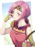  1girl 1inuinuinui1 asymmetrical_gloves bare_shoulders bow_(weapon) breasts fingerless_gloves fire_emblem fire_emblem:_the_sacred_stones gloves headband highres holding holding_bow_(weapon) holding_weapon looking_at_viewer medium_breasts neimi_(fire_emblem) pink_eyes pink_hair short_hair solo weapon 