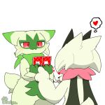  1:1 ambiguous_gender animated anthro biped blush card duo ears_outwards floragato fur generation_9_pokemon green_body green_fur heart_symbol meowscarada musical_note nintendo open_mouth pawpads paws pink_body pivoted_ears playing_card pokemon pokemon_(species) red_eyes short_loop simple_background tail thought_bubble tontaro white_background 