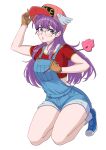  1girl :o absurdres arm_up blush commentary_request crop_top english_text glasses gloves hat highres holding light_blush long_hair looking_at_viewer norimaki_arale overalls purple_eyes purple_hair ramuneogura red_shirt shirt shoes short_sleeves simple_background sneakers socks solo t-shirt thighs white_background wings 