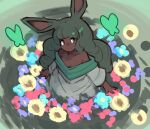  1girl animal_ears arms_at_sides bare_shoulders bug butterfly dark_skin dress druid_rabbit floral_background flower green_butterfly green_eyes grey_dress highres long_hair mino_dev rabbit_and_steel rabbit_ears rabbit_girl solo strapless two-tone_dress very_long_hair 
