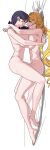  2girls absurdres arms_around_neck ass blonde_hair blue_eyes breast_press breasts clorinde_(genshin_impact) commentary completely_nude convenient_censoring drill_hair feet full_body genshin_impact girl_on_top hair_between_eyes half-closed_eyes highres huge_breasts imminent_kiss korean_commentary long_hair looking_at_another multiple_girls nail navia_(genshin_impact) nude purple_eyes purple_hair radiocupcake ringlets simple_background symmetrical_docking thighs very_long_hair white_background yuri 