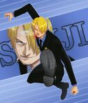  1boy black_eyes black_necktie blonde_hair character_name cigarette clenched_hand commentary corey_miller curly_eyebrows english_commentary facial_hair formal full_body goatee_stubble hair_over_one_eye long_sleeves male_focus mouth_hold necktie one_eye_covered one_piece open_mouth sanji_(one_piece) short_hair smile smoke smoking solo stubble suit teeth 