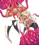  1girl blonde_hair dark-skinned_female dark_skin detached_sleeves dripping futaba_lili_ramses highres legs_up leotard official_art open_mouth puffy_detached_sleeves puffy_sleeves see-through slime_(substance) solo taimanin_(series) taimanin_rpgx tentacle_and_witches tentacle_sex tentacles twintails white_background wings 