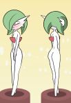  2022 anonymous_artist anthro blush butt covering covering_crotch covering_pussy digital_media_(artwork) embarrassed embarrassed_nude_female eyelashes eyes_closed front_view gardevoir green_hair hair hi_res nintendo not_furry nude pedestal pok&eacute;mon pok&eacute;mon_(species) rear_view simple_background solo standing video_games white_body white_skin yellow_background 