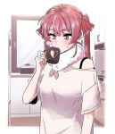 1girl alternate_costume arrow_through_heart blush borrowed_garments breasts cabinet casual coffee_cup commentary cup disposable_cup don-chan_(usada_pekora) fur_scarf hair_ribbon heterochromia highres holding holding_cup hololive houshou_marine jangmaseason kitchen long_hair looking_down medium_breasts off-shoulder_shirt off_shoulder orange_eyes red_eyes red_hair red_ribbon ribbon rice_cooker shirt short_sleeves solo steam sweatdrop twintails upper_body virtual_youtuber white_shirt window 