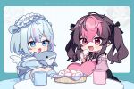  2girls :d apron backpack bag black_bow black_skirt blush bow brown_hair collared_shirt copyright_request cup detached_sleeves dotted_line dress_shirt food grey_jacket grid_background hair_between_eyes heart holding holding_food hugging_object inset jacket jersey_maid long_sleeves maid marshmallow mug multicolored_hair multiple_girls pink_hair pink_shirt pink_sleeves puffy_long_sleeves puffy_sleeves red_eyes shirt skirt smile striped_bow stuffed_animal stuffed_shark stuffed_toy suspender_skirt suspenders table track_jacket twintails two-tone_hair unconventional_maid white_apron yamabukiiro 