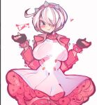 1girl ahoge black_gloves blush breasts cowboy_shot cropped_jacket dress elphelt_valentine english_commentary fingerless_gloves gloves guilty_gear guilty_gear_strive hair_over_one_eye highres jacket large_breasts open_clothes open_jacket pink_dress pink_jacket poopiepluto shirt simple_background sketch smile solo white_background white_dress white_shirt 