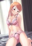  1girl arm_support arms_behind_back bare_shoulders barefoot bed_sheet blurry blurry_background blush bra breasts brown_eyes brown_hair cleavage collarbone curtains cyde dot_nose hojo_karen idolmaster idolmaster_cinderella_girls idolmaster_cinderella_girls_starlight_stage indoors lace-trimmed_bra lace_trim long_hair looking_at_viewer medium_breasts midriff navel on_bed panties parted_lips pink_bra pink_panties sitting smile solo underwear underwear_only wariza window 