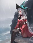  1girl arknights artist_request ascot black_ascot black_thighhighs breasts cleavage commentary_request dress frilled_sleeves frills from_side grey_hair grey_sky hair_between_eyes hat highres long_hair medium_breasts ocean overcast rain red_dress red_eyes rock shore sitting skadi_(arknights) skadi_the_corrupting_heart_(arknights) sky solo thighhighs very_long_hair wet wet_clothes wet_hair 
