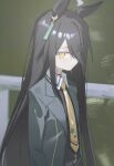  1girl absurdres ahoge animal_ears black_cape black_coat black_hair cape coat collared_shirt ear_tag earrings expressionless eyes_visible_through_hair greyscale hair_between_eyes hair_over_one_eye highres horse_ears horse_girl jewelry kurobeko_(kur0bek0) long_bangs long_hair long_hair_between_eyes long_sleeves looking_at_viewer manhattan_cafe_(umamusume) monochrome multicolored_hair shirt single_earring solo umamusume very_long_hair white_hair yellow_eyes 