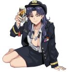  1girl alcohol beer beer_can breasts brown_eyes can cleavage collarbone collared_shirt cross cross_necklace drink_can earrings greek_cross hat highres holding jacket jewelry katsuragi_misato long_hair long_sleeves looking_at_viewer medium_breasts military_hat military_jacket military_uniform necklace neon_genesis_evangelion one_eye_closed partially_unbuttoned purple_hair shirt simple_background smile solo unbuttoned unbuttoned_shirt uniform wani_(perfect_han) white_background 