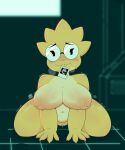  absurd_res alphys anthro big_breasts big_butt bodily_fluids breasts butt daiki_furry dinosaur extinct eyewear female glasses hi_res nude prehistoric_species reptile scalie simple_background smile solo undertale_(series) undyne wide_hips yellow_body 