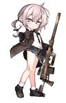  1girl absurdres bare_legs bird bird_on_hand black_necktie black_skirt bolt_action cheytac_m200 floating_clothes girls&#039;_frontline gloves godgamesc2 grey_hair gun hair_tie heart highres holding holding_gun holding_weapon jacket looking_at_another m200_(girls&#039;_frontline) medium_hair necktie pleated_skirt rifle simple_background skirt sniper_rifle solo standing weapon white_background 