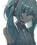  1girl absurdres aqua_eyes aqua_hair aqua_necktie bangs closed_mouth collarbone detached_sleeves eyebrows_visible_through_hair hamudetsu hatsune_miku highres long_hair looking_at_viewer necktie shade signature simple_background smile solo twintails upper_body vocaloid white_background 