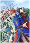  2girls 3boys amase204o_o armor blue_armor blue_cape blue_dress blue_eyes blue_hair brother_and_sister cape dress earrings eliwood_(fire_emblem) fingerless_gloves fire_emblem fire_emblem:_the_blazing_blade gloves green_eyes green_hair hector_(fire_emblem) high_ponytail highres jewelry long_hair lyn_(fire_emblem) multiple_boys multiple_girls nils_(fire_emblem) ninian_(fire_emblem) pelvic_curtain ponytail red_cape red_eyes red_hair rope_belt scarf siblings side_slit sword weapon yellow_scarf 