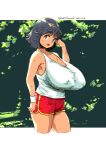  1girl artist_name bare_shoulders black_hair border breasts commentary_request cowboy_shot dated green_eyes highres huge_breasts large_breasts looking_at_viewer nipples no_bra open_mouth original outdoors outside_border red_shorts sanemichi_hajime short_hair short_shorts shorts single_wrist_cuff sweat tank_top thighs tongue white_border white_tank_top wrist_cuffs 