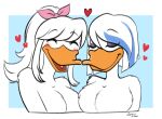  aged_up anatid anseriform anthro avian big_breasts bird blue_highlights blush breasts canon_couple disney duck ducktales ducktales_(2017) eyes_closed eyeshadow female female/female fluffy_breasts fluffy_chest hair heart_symbol hearts_around_head highlights_(coloring) lena_(ducktales) long_hair long_ponytail lunula_(artist) makeup ponytail purple_mascara romantic romantic_couple short_hair webby_vanderquack 