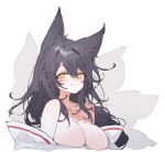  1girl ahri_(league_of_legends) animal_ears black_hair breasts cleavage cropped_torso detached_sleeves facial_mark fox_ears fox_girl fox_tail hair_between_eyes large_breasts league_of_legends long_hair looking_at_viewer multiple_tails po_chino simple_background solo tail very_long_hair whisker_markings white_background yellow_eyes 