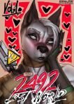  absurd_res anthro arrows blush canid canine cover cover_art cover_page digital_media_(artwork) eyebrows female heart_symbol hi_res lipstick looking_at_viewer makeup mammal natdraws solo text weapon 