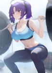  1girl absurdres barbell black_pants blue_archive blue_sports_bra blush breasts cleavage closed_mouth collarbone english_commentary fingernails halo highres holding large_breasts lumen_re mechanical_halo medium_hair navel pants purple_eyes purple_hair solo sports_bra sweat two_side_up yuuka_(blue_archive) 