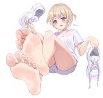  1girl absurdres barefoot blonde_hair casual feet foot_focus full_body highres hololive iberiko_(soinesitai) multicolored_hair open_mouth purple_eyes purple_hair shirt shoes short_hair shorts simple_background sitting sneakers solo streaked_hair sweat todoroki_hajime toes two_side_up unworn_shoes virtual_youtuber white_background white_shirt white_sneakers 