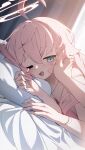  1girl 1other absurdres ahoge bare_shoulders bed blue_archive blue_eyes blush commentary_request halo hand_on_another&#039;s_cheek hand_on_another&#039;s_face highres hoshino_(blue_archive) huge_ahoge liyom looking_at_viewer on_bed one_eye_closed open_mouth pink_halo pov pov_hands upper_body 