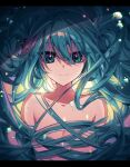  1girl air_bubble aqua_hair bangs bubble entangled green_eyes hair_censor hair_over_breasts hair_over_eyes hatsune_miku highres letterboxed long_hair naganegi nude shade smile solo straight-on submerged twintails upper_body vocaloid 