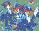  5:4 ambiguous_gender anthro beak biped blue_body blue_eyes blue_fur feathers fur generation_9_pokemon green_background hi_res japanese_text kajinchu looking_at_viewer multiple_angles nintendo orange_body orange_fur pokemon pokemon_(species) quaquaval side_view simple_background sketch smile solo tail text translation_request white_body white_fur 