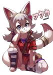  accessory anthro band blue_eyes clothing domestic_cat felid feline felis female fur furgonomics hair hand_on_head hand_on_leg hi_res looking_at_viewer magiace mammal red_clothing sitting smile solo solo_focus tail_accessory tailband white_body white_fur white_hair 
