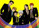  6+boys ;d black_eyes black_hair blonde_hair bow bowtie facepaint formal gon_freecss grin hair_down hisoka_morow hunter_x_hunter illumi_zoldyck killua_zoldyck kilva_lollop kurapika leorio_paladiknight long_hair male_focus multiple_boys necktie one_eye_closed red_hair short_hair smile suit sunglasses white_hair yellow_background 