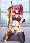  1girl adsouto ass_visible_through_thighs black_bra black_choker black_garter_belt black_gloves black_panties black_thighhighs blush bra breasts choker closed_mouth collarbone flaming_sword flaming_weapon garter_belt gloves hair_ribbon highres holding holding_sword holding_weapon large_breasts lingerie looking_at_viewer panties planted planted_sword rakudai_kishi_no_cavalry red_eyes red_hair ribbon smile solo stella_vermillion sword thighhighs thighs two_side_up underwear underwear_only weapon 