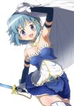  1girl :d armband armpits belt blue_eyes blue_hair cape cereal_(cerealoekaki) dutch_angle fortissimo gloves hair_ornament hairclip highres mahou_shoujo_madoka_magica mahou_shoujo_madoka_magica_movie midriff miki_sayaka miniskirt musical_note_hair_ornament short_hair simple_background skirt smile solo soul_gem sword thighhighs weapon white_background zettai_ryouiki 