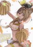  1girl ;d animal_ear_fluff animal_ears arknights arm_up bare_shoulders beanstalk_(arknights) blush braid breasts brown_hair character_name cheerleader cleavage clothes_writing confetti cowboy_shot creature_on_head dated from_side hair_over_shoulder happy_birthday highres long_hair looking_at_viewer looking_to_the_side medium_breasts metal_crab_(arknights) miniskirt multicolored_hairband navel one_eye_closed open_mouth pom_pom_(cheerleading) red_eyes single_braid skirt smile solo sore_watasino stomach thigh_strap white_skirt 