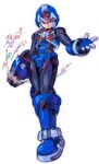  1boy absurdres alternate_design arm_cannon armor blue_armor blue_footwear blue_helmet copy_x_(mega_man) forehead_jewel full_body helmet highres male_focus mega_man_(series) mega_man_zero_(series) pillar_buster red_eyes simple_background solo weapon white_background x_buster 