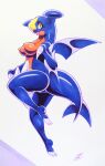  025aki 2023 absurd_res anthro blue_body blue_skin blush blush_lines breasts butt claws dated dragon eyelashes featureless_breasts featureless_crotch female garchomp generation_4_pokemon hi_res looking_at_viewer mythological_creature mythological_scalie mythology nintendo non-mammal_breasts open_mouth orange_body orange_skin pokemon pokemon_(species) reptile scalie signature solo spikes spikes_(anatomy) yellow_eyes 