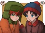  2boys beanie black_hair blue_eyes green_eyes hand_on_another&#039;s_shoulder hat highres jacket kyle_broflovski long_sleeves male_focus multiple_boys open_mouth pom_pom_(clothes) pom_pom_beanie red_hair shioharu_(user_pesm8838) short_hair south_park spoken_squiggle spoken_sweatdrop squiggle stan_marsh sweatdrop tearing_up tears 