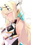  1girl absurdres arm_up armpits blonde_hair breasts cherubi_nbo closed_eyes closed_mouth dress elbow_gloves from_side gloves hair_ornament highres long_hair mythra_(xenoblade) solo upper_body white_background white_dress white_gloves xenoblade_chronicles_(series) xenoblade_chronicles_2 