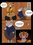 absurd_res anthro big_breasts big_butt bottomwear breasts butt canid canine canis chinese_text clothed clothing coffilatte_(artist) comic corsac_fox crossed_arms dialogue digital_media_(artwork) dreamworks duo english_text felid female fox fur grey_body hi_res imminent_violence kung_fu_panda mammal master_tigress open_mouth orange_body pantherine simple_background speech_bubble standing stripes tail text thick_thighs tiger topwear true_fox wide_hips zhen_(kung_fu_panda)