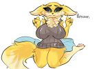  arm_tuft bandai_namco big_breasts black_sclera blue_eyes breasts chest_tuft clothing digimon digimon_(species) ears_down elbow_tuft female fist fur hi_res hindpaw looking_down multicolored_body multicolored_fur parazari pawpads paws pillow pink_pawpads pivoted_ears renamon sitting slightly_chubby smile solo sweater tail topwear tuft turtleneck two_tone_body two_tone_fur yellow_body yellow_fur 