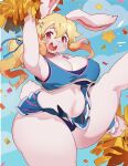  anthro big_breasts blonde_hair bottomwear breasts cheerleader cleavage clothed clothing hair hi_res kaeritai07 lagomorph leporid mammal panties pom_poms rabbit raised_leg skirt underwear 