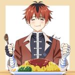  1boy bandaged_arm bandages black_hair broccoli closed_eyes commentary eating egg facing_viewer fingerless_gloves food food_on_face gloves highres holding holding_spoon jacket male_focus multicolored_hair omelet omurice plate red_hair single_fingerless_glove single_glove smile solo sousou_no_frieren spoon stark_(sousou_no_frieren) tanny_v 